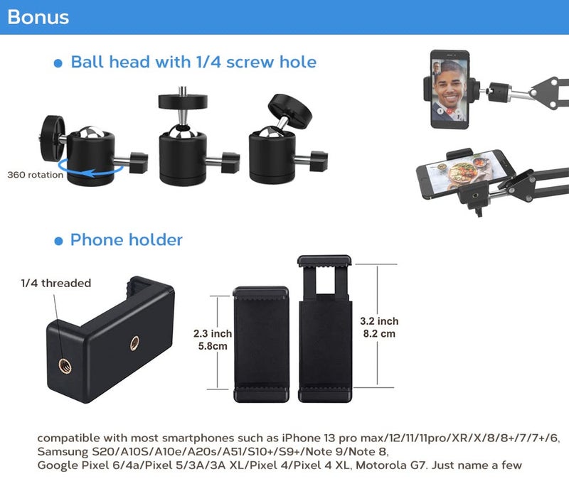 LenTok Overhead Tripod Mount for Camera Webcam Ring Light, Flexible Over Head Arm for iPhone with Phone Holder and Ball Head, Table Stand Accessory for Phone Video Recording Live Stream - Image 3